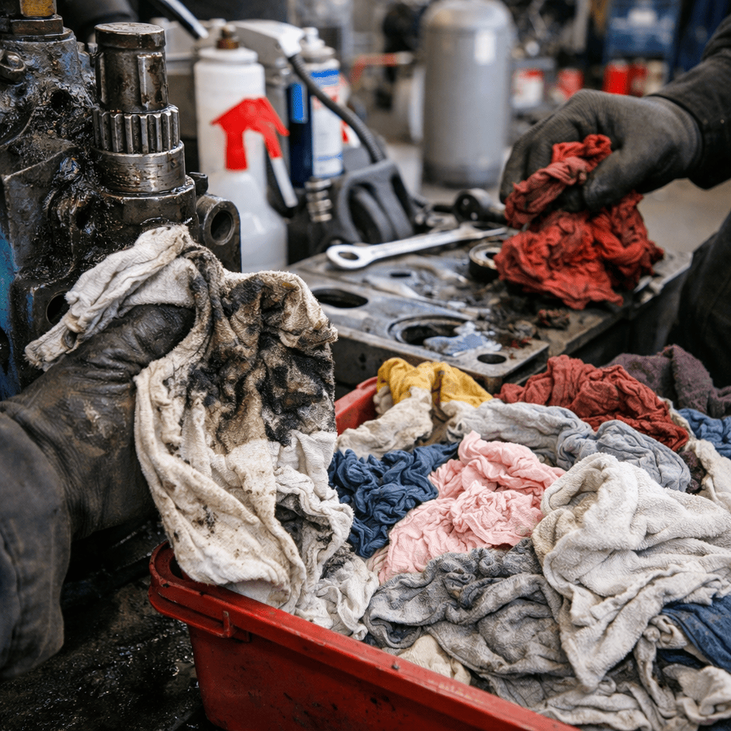 工場・整備現場でウエスが使用される様子。※生成AI