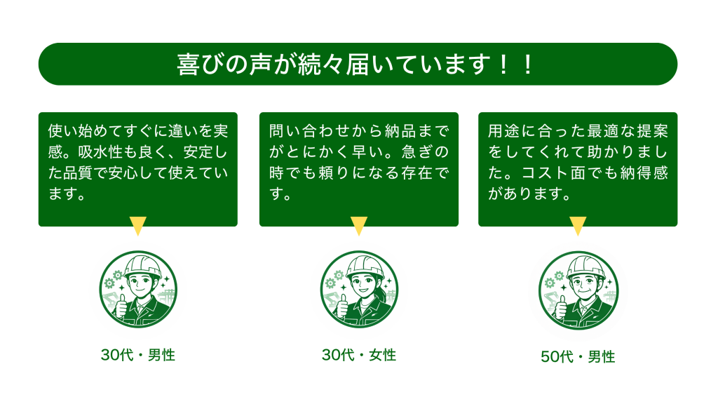 喜びの声が続々と届いてます。

■ 品質
使い始めてすぐに違いを実感。吸水性も良く、安定した品質で安心して使えています。

■ 営業スピード
問い合わせから納品までがとにかく早い。急ぎの時でも頼りになる存在です。

■ 提案内容
用途に合った最適な提案をしてくれて助かりました。コスト面でも納得感があります。
