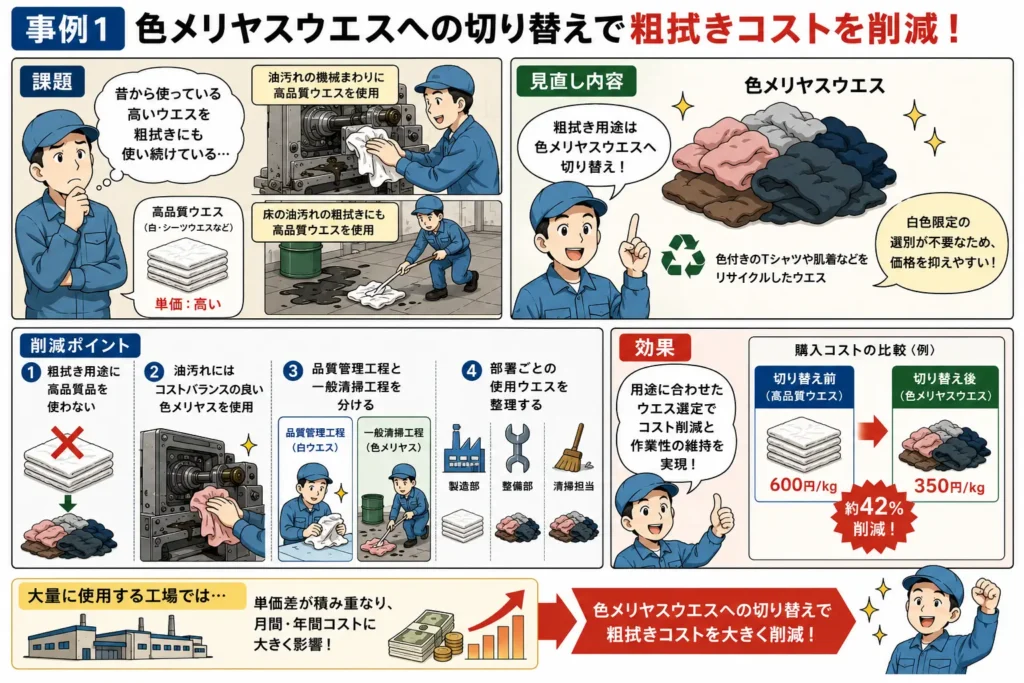 製造工場で粗拭き用途を白ウエスから色メリヤスウエスへ切り替え、購入コストを削減した事例を漫画で解説したイメージ