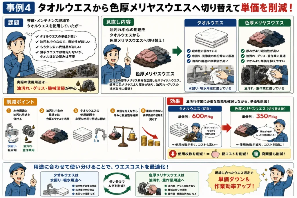 タオルウエスから色厚メリヤスウエスへ切り替え、油汚れ作業の単価と総コストを削減した導入事例を漫画で解説したイメージ