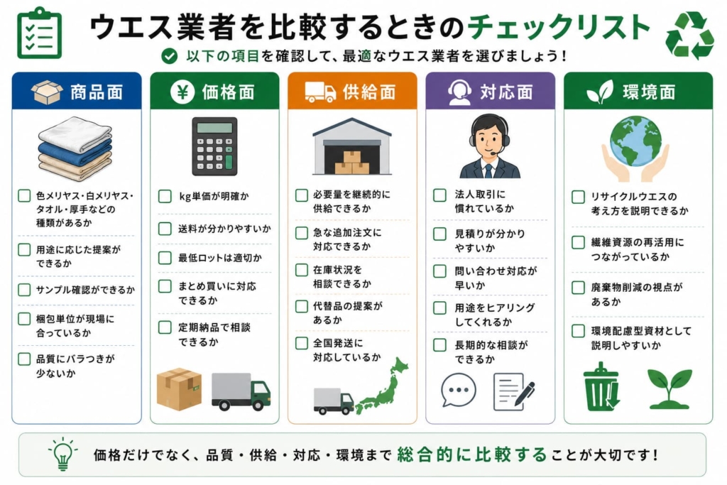 工業用ウエス業者の比較ポイントをまとめたチェックリスト。品質、価格、供給体制、対応力、環境配慮を総合的に比較するための図解。