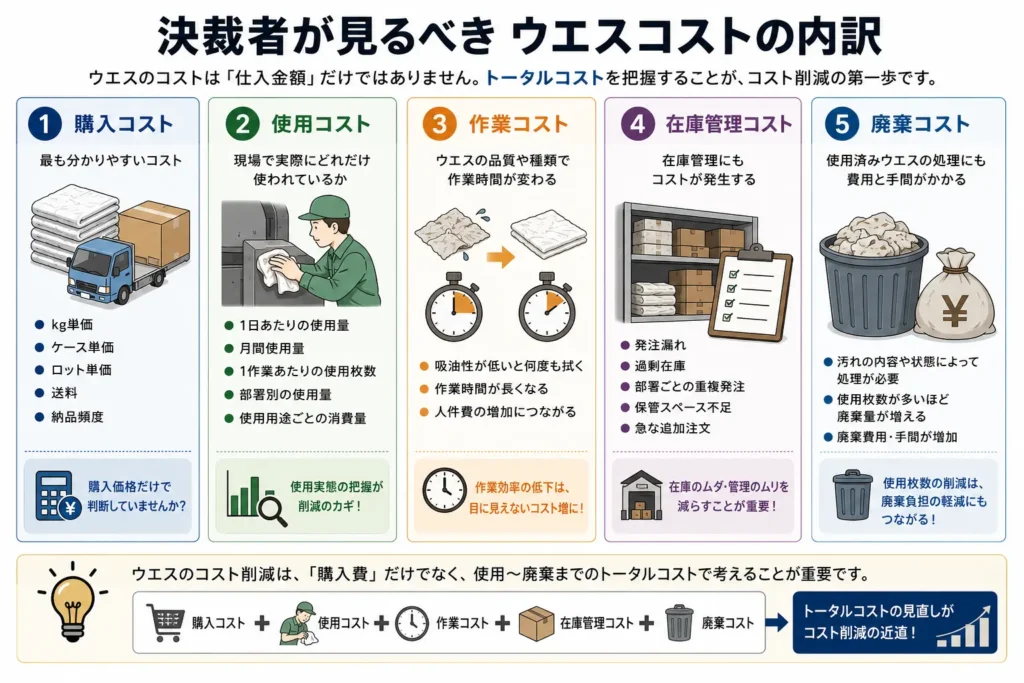 工業用ウエスの購入コスト・使用コスト・作業コスト・在庫管理コスト・廃棄コストの内訳を分かりやすく解説した図