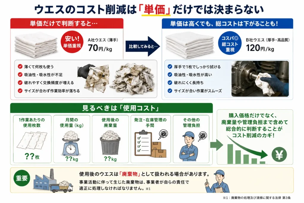 工業用ウエスの単価だけではなく、使用枚数・耐久性・吸油性・廃棄量など総使用コストを比較したイメージ図