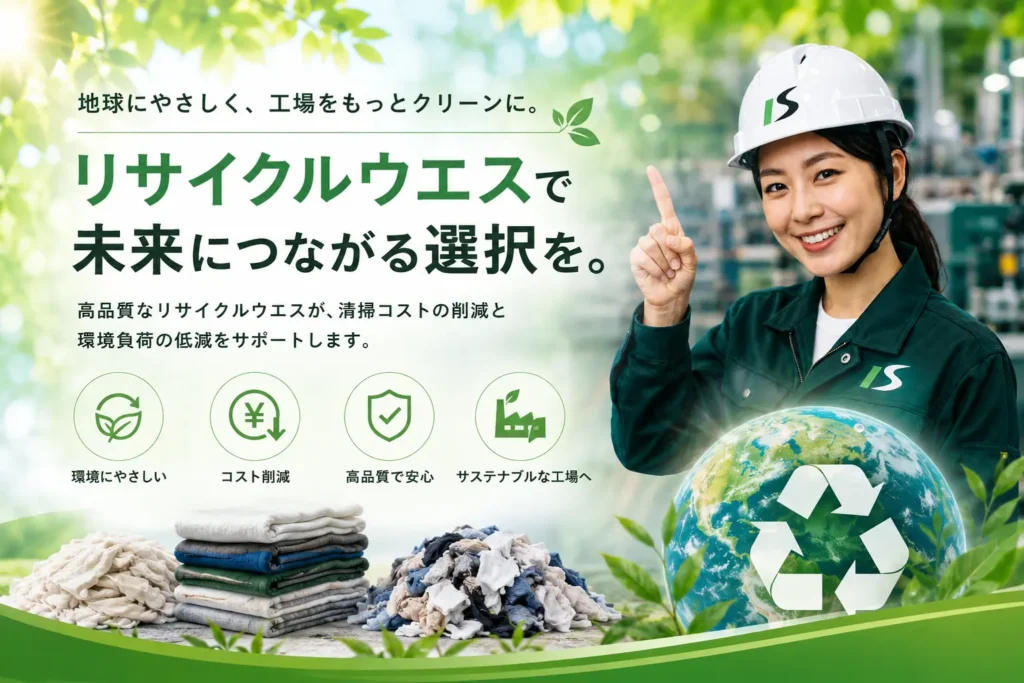 イシハラサクセスが製造・販売するリサイクルウエス。工場の清掃コスト削減と環境負荷の低減を実現する工業用ウエスのイメージ。