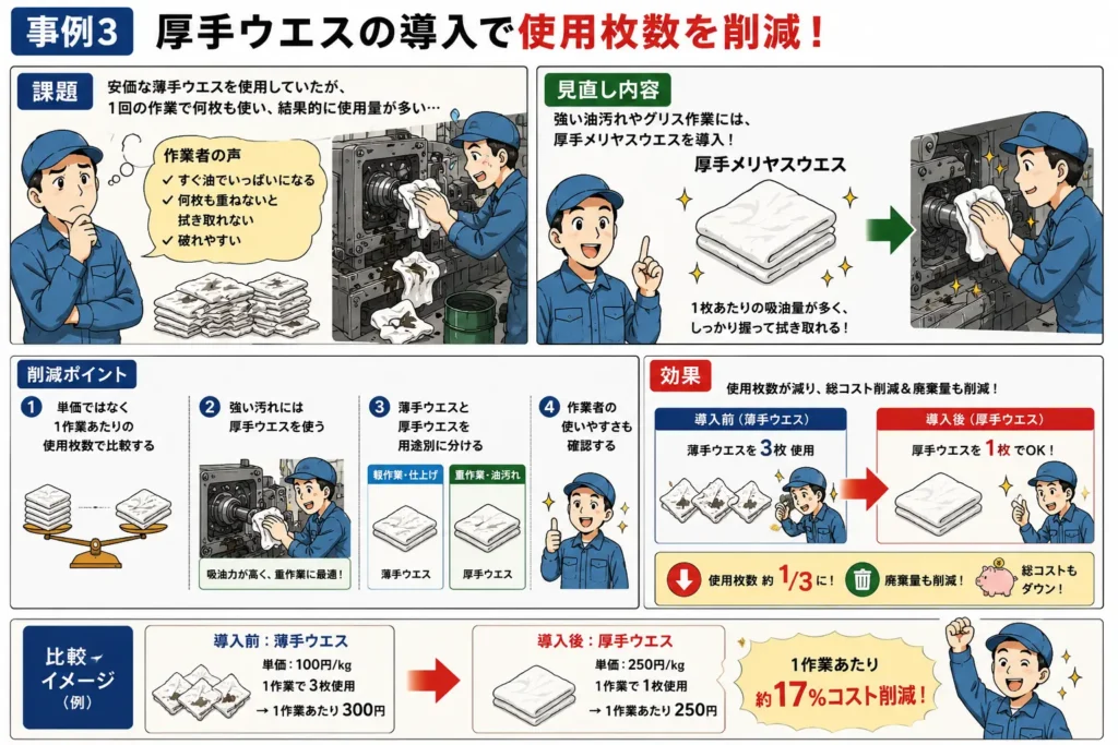 薄手ウエスから厚手メリヤスウエスへ切り替え、グリスや重油作業の使用枚数と総コストを削減した導入事例を漫画で解説したイメージ