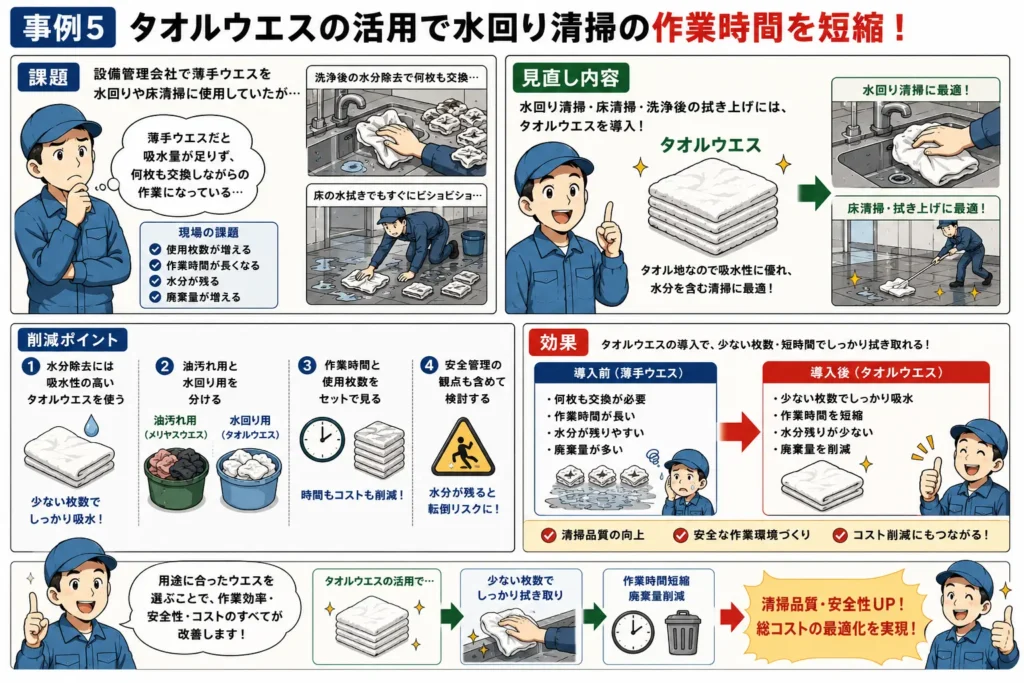 タオルウエスを導入し、水回り清掃や床清掃の吸水性を向上させ、作業時間と使用枚数を削減した導入事例を漫画で解説したイメージ