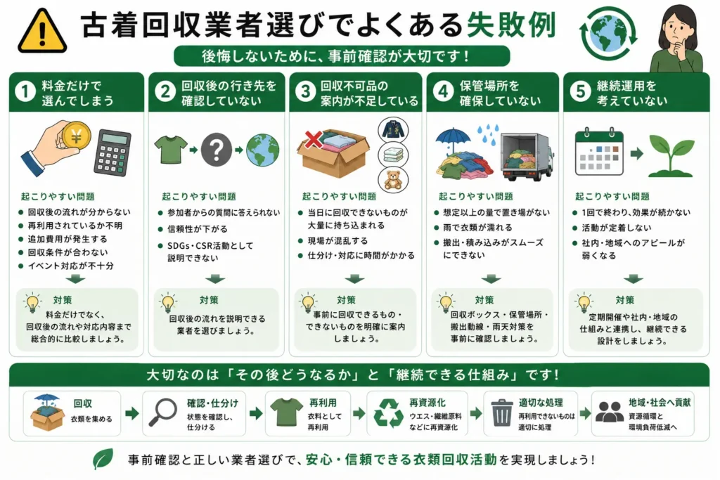 古着回収業者を選ぶ際によくある失敗例を解説した画像。料金比較だけでなく、再利用・再資源化、回収条件、保管方法、継続運用まで確認する重要性を紹介しています。