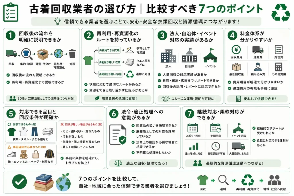 古着回収業者の選び方を解説した比較画像。回収後の流れ、再利用・再資源化、法人・自治体対応、料金体系、法令遵守、継続対応など7つの比較ポイントを紹介しています。