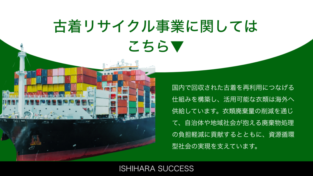 古着リサイクル事業の紹介画像。国内で回収した衣類を再利用・再資源化し、海外へのリユースや資源循環を通じて廃棄物削減に貢献するサービスを紹介しています。