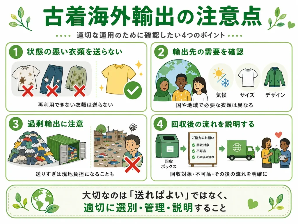 古着海外輸出の注意点を4つで解説。状態の悪い衣類を送らないこと、輸出先の需要確認、過剰輸出の防止、回収後の流れを説明する重要性を紹介した図解。