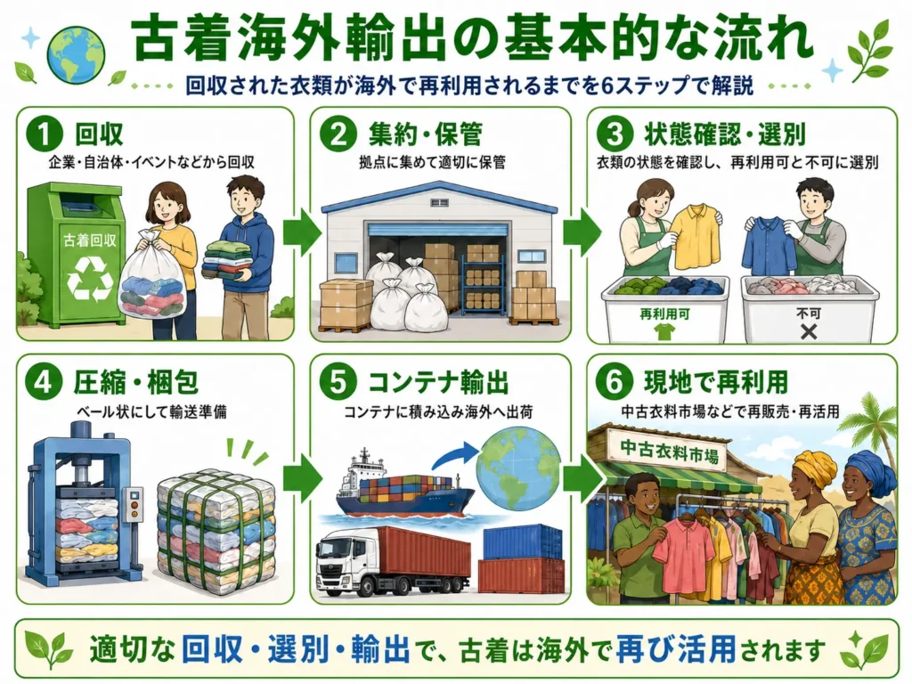 古着海外輸出の基本的な流れを6ステップで解説。衣類回収から集約・保管、状態確認・選別、圧縮・梱包、コンテナ輸出、海外での再利用までを図解したイラスト。