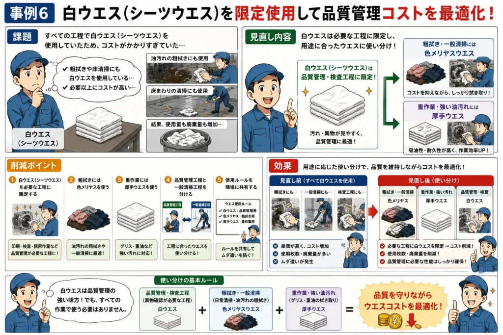 白ウエス(シーツウエス)を品質管理工程に限定し、粗拭きや一般清掃は色メリヤスウエス・厚手ウエスへ使い分けることでコストを最適化した導入事例を漫画で解説したイメージ