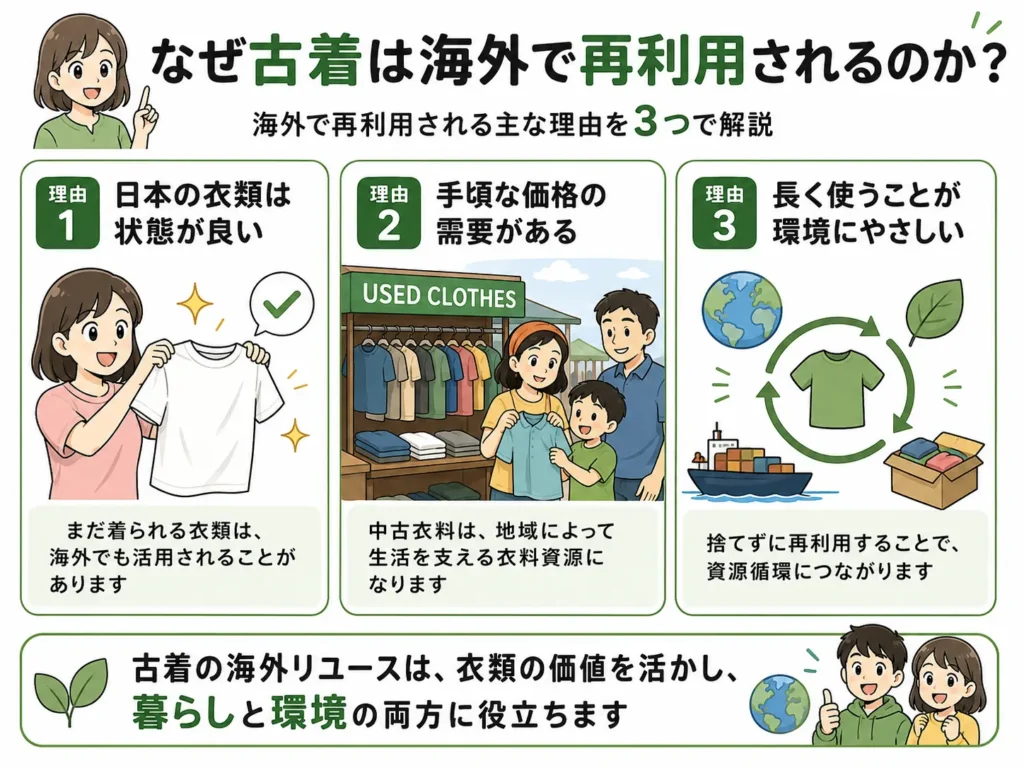 なぜ古着は海外で再利用されるのかを解説。日本の衣類が状態の良さから評価されることや、海外での中古衣料需要、資源循環につながる理由を紹介したイラスト。