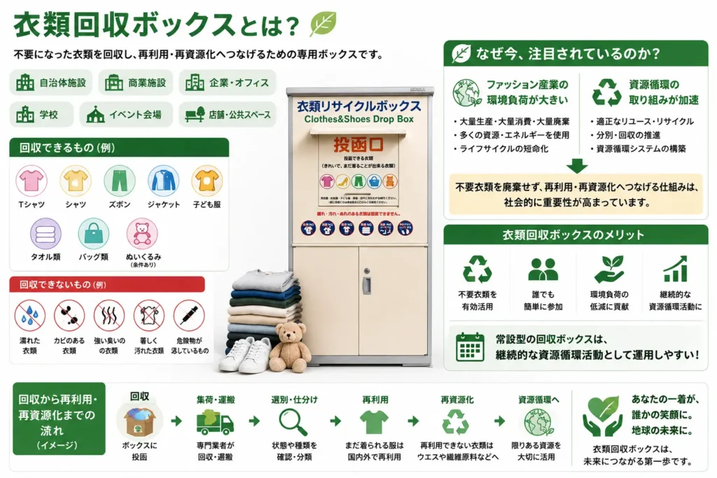 衣類回収ボックスの仕組みと回収可能な衣類、回収後のリユース・再資源化の流れを紹介する図解