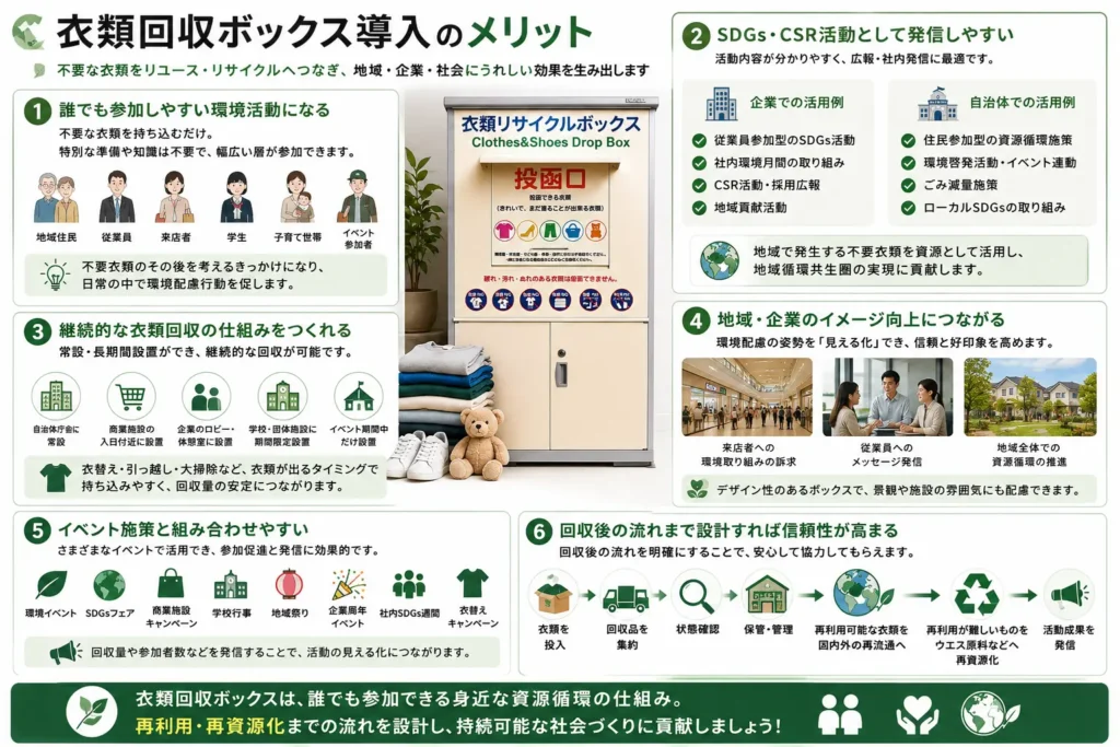 衣類回収ボックス導入の6つのメリットを紹介する図解