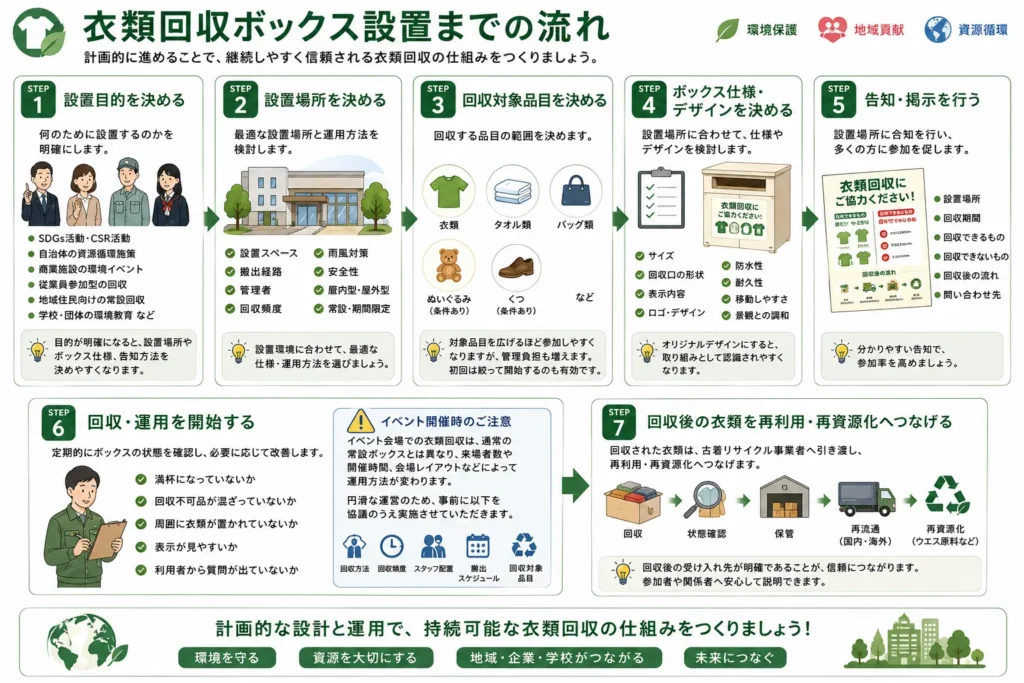 衣類回収ボックスの設置から回収・再利用・再資源化までの7ステップを紹介する図解