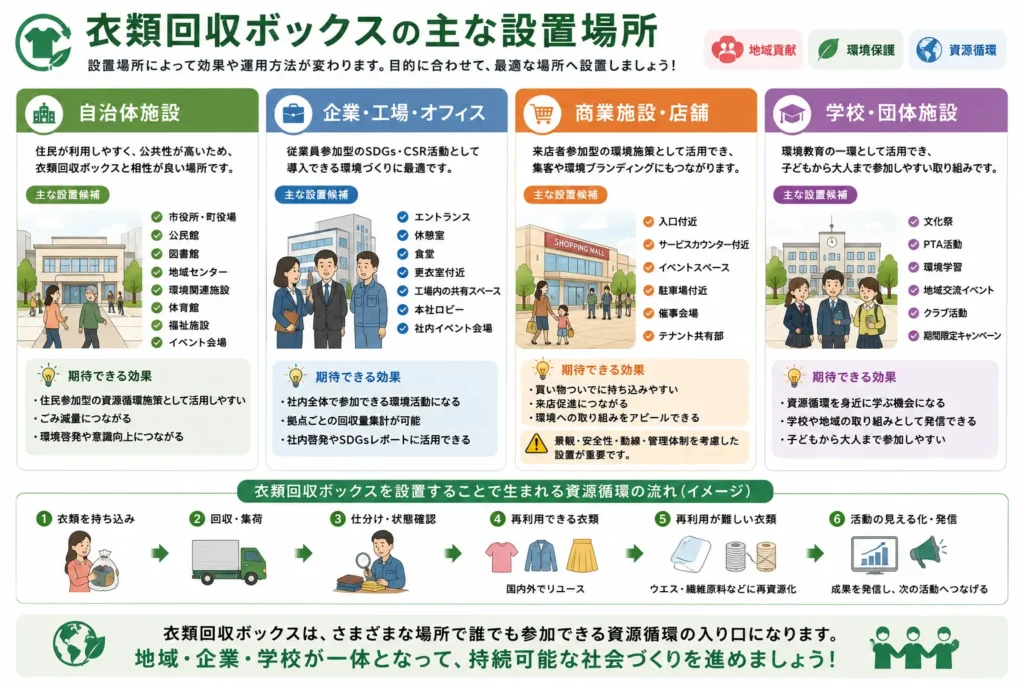 衣類回収ボックスの主な設置場所を自治体・企業・商業施設・学校別に紹介する図解
