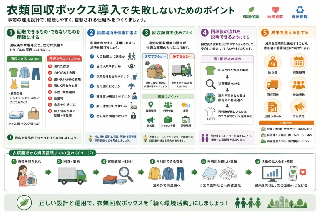 衣類回収ボックス導入で失敗しないための5つのポイントを紹介する図解