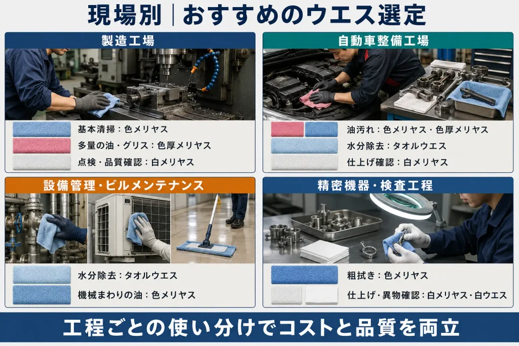 製造工場・自動車整備工場・設備管理・精密機器の現場別におすすめのメンテナンス用ウエスを紹介した図