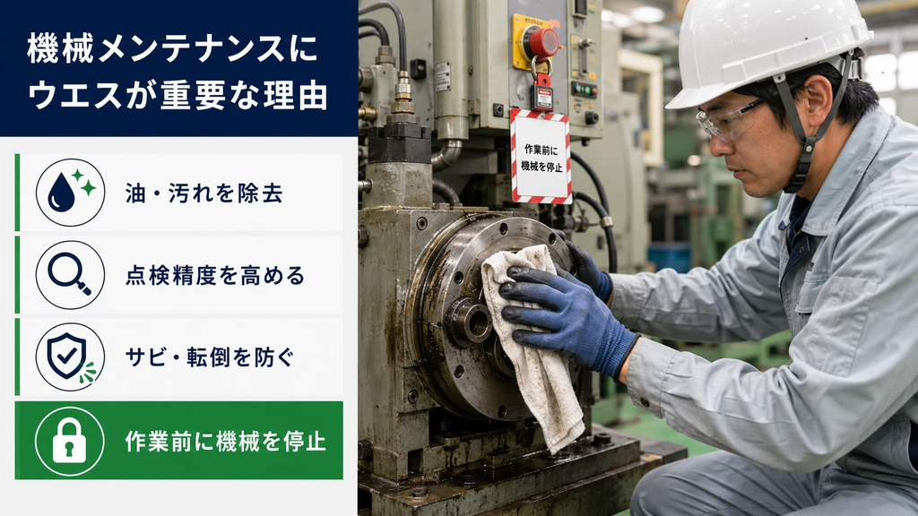 機械メンテナンスでウエスが重要な理由を解説した図。油や汚れの除去、点検精度の向上、サビや転倒防止などの役割を紹介。