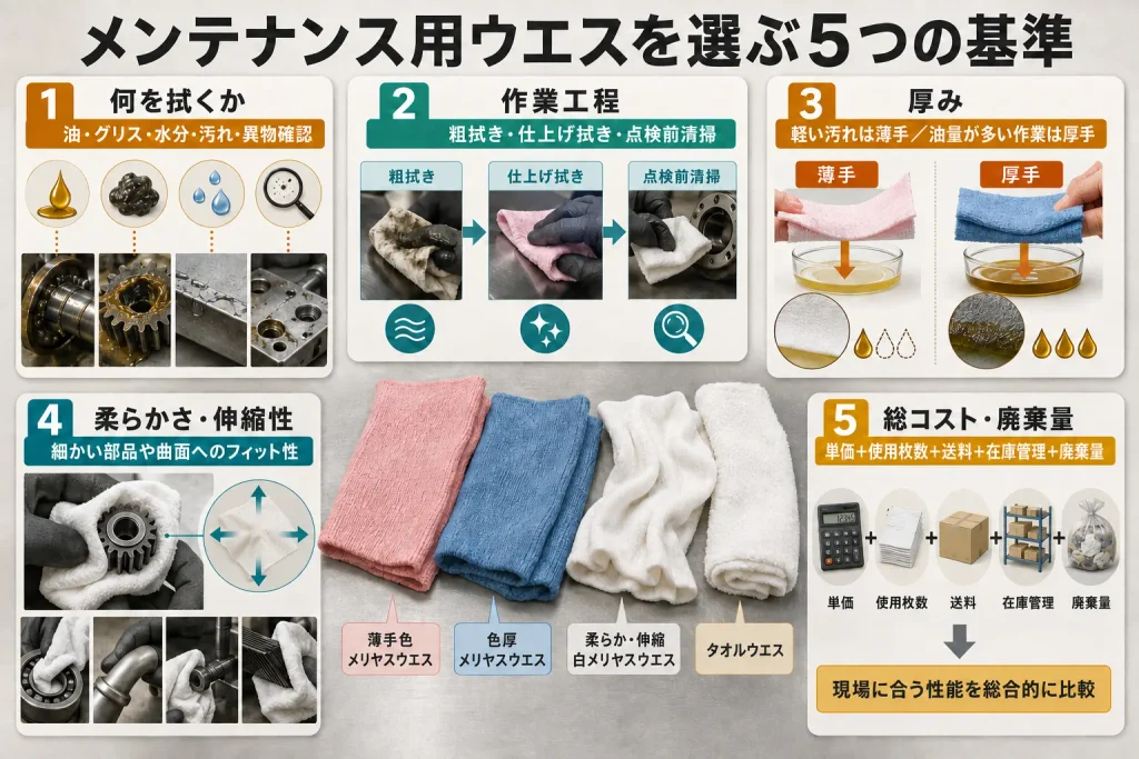 メンテナンス用ウエスを選ぶ5つの基準を用途・作業工程・厚み・柔らかさ・総コストで解説した図