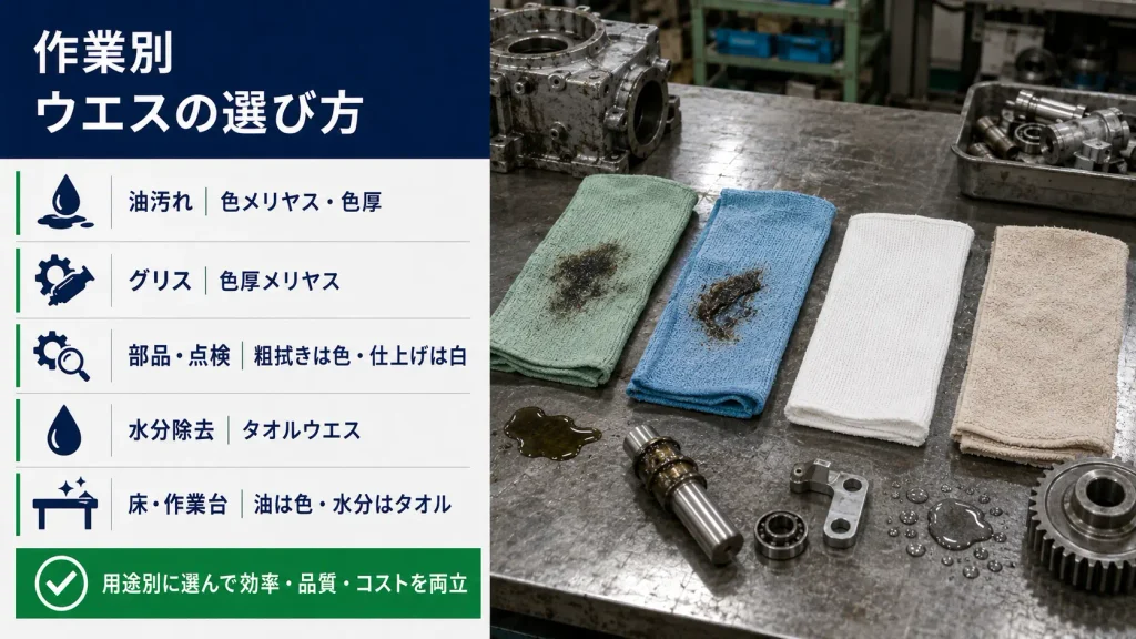 機械メンテナンスで使用するウエスの作業別選び方を示した比較図
