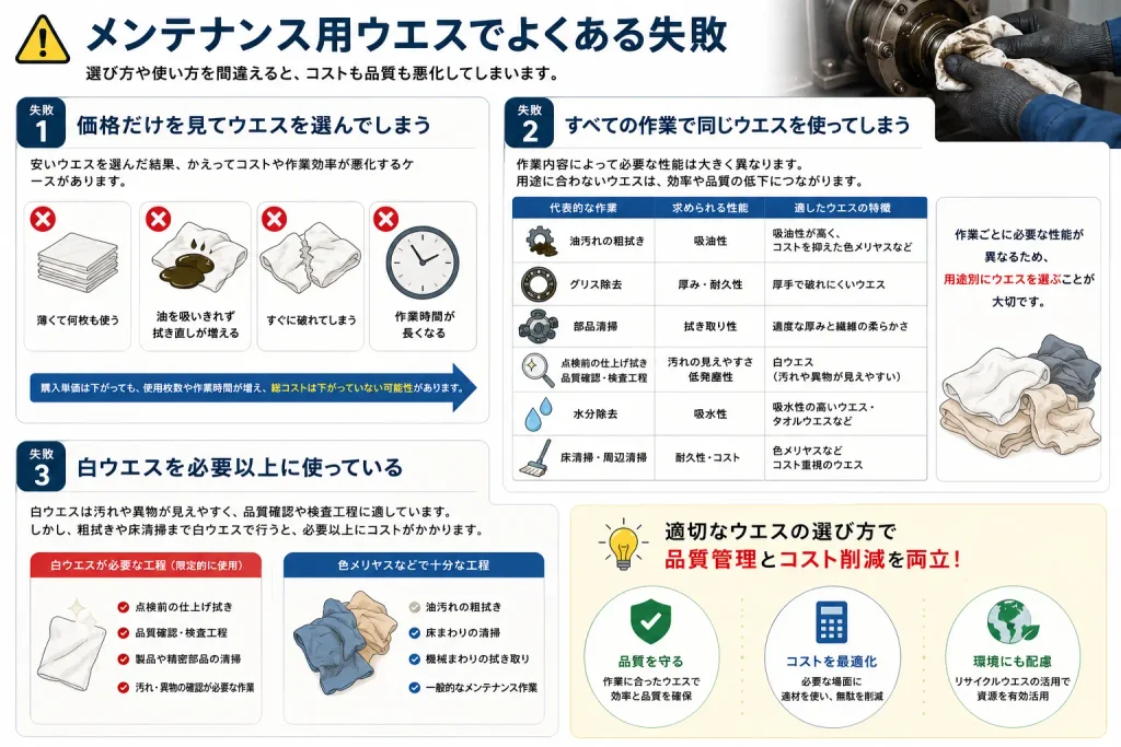 機械メンテナンス用ウエスの選び方でよくある失敗を解説した図。価格だけで選ぶことや用途別にウエスを使い分けないこと、白ウエスの過剰使用などを紹介。