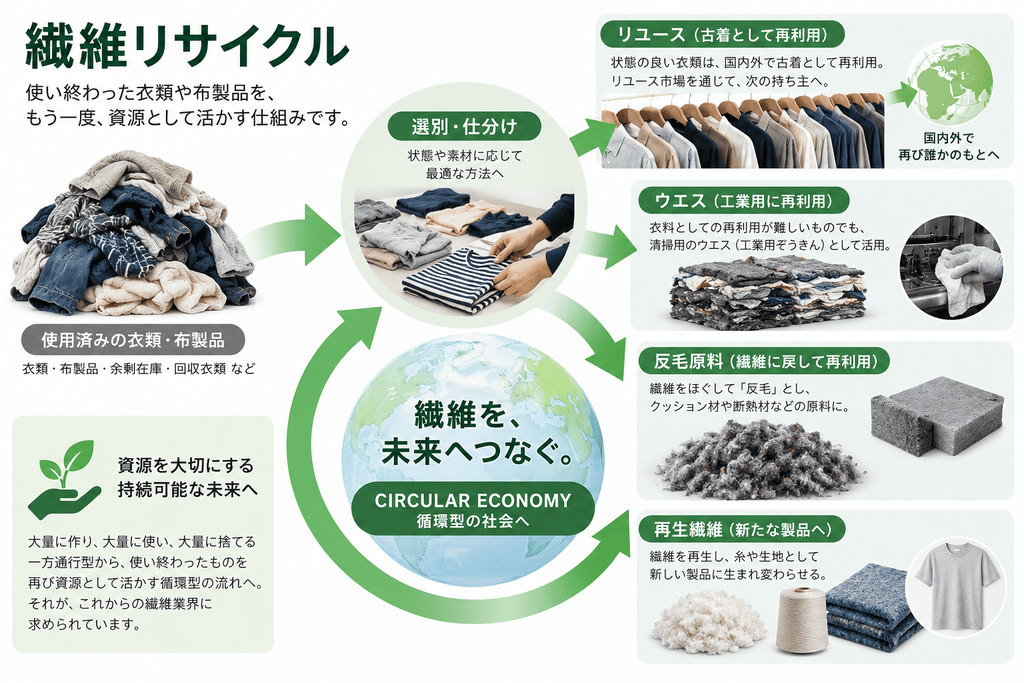 繊維リサイクルの仕組みと古着リユース・ウエス・反毛原料・再生繊維への活用を解説した図