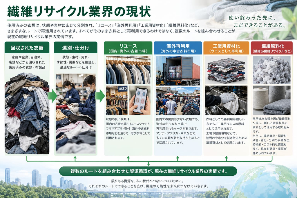 繊維リサイクル業界の現状|回収衣類をリユース・海外再利用・工業用ウエス・繊維原料へ活用する流れ