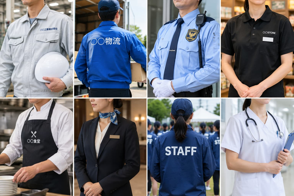 制服リサイクルの回収対象例｜作業服・物流・警備・店舗・飲食・ホテル・イベント・医療用ユニフォーム