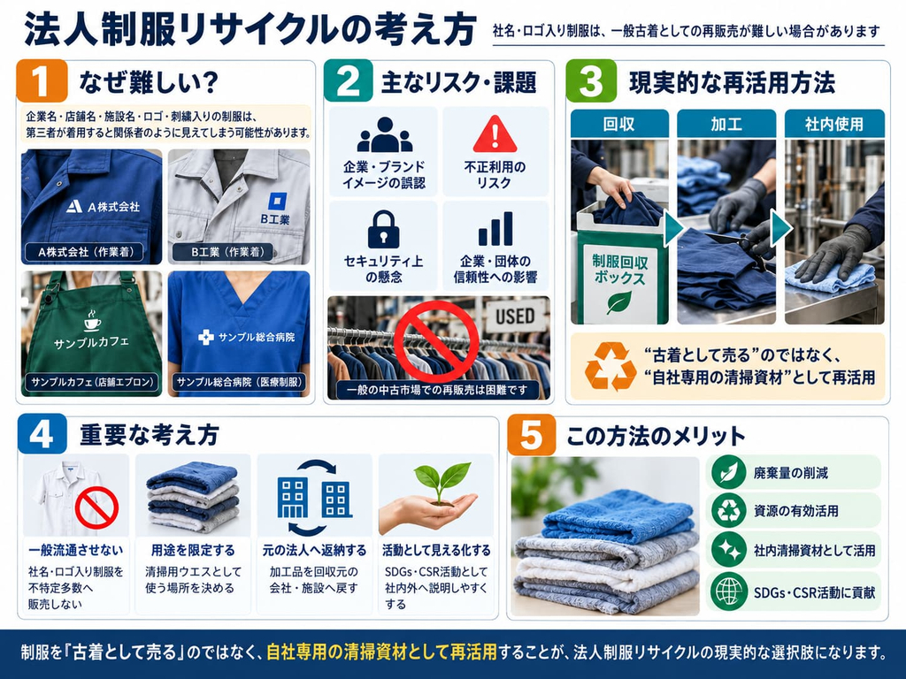 制服リサイクルの仕組み｜社名・ロゴ入り制服を回収しウエスとして再活用する流れ