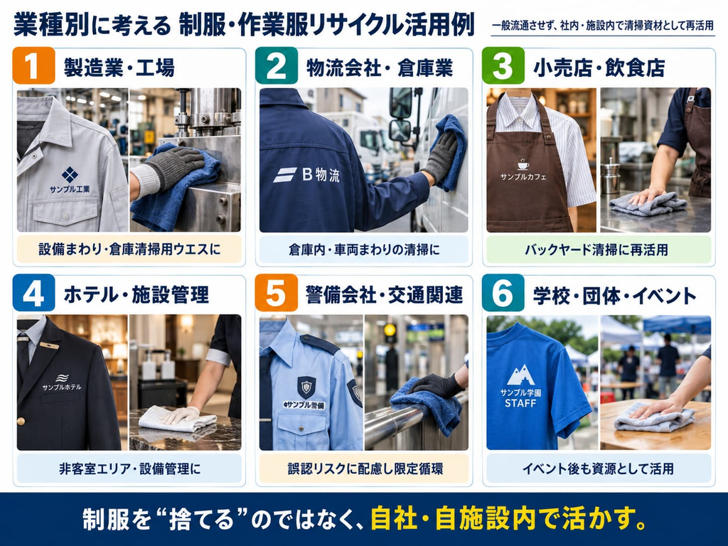 制服・作業服をウエスに加工して自社や施設内で再活用する業種別事例
